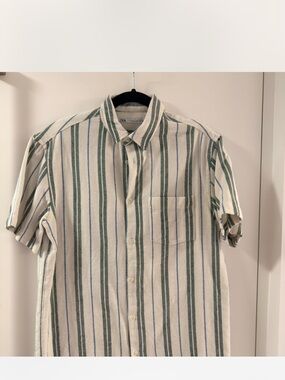 Zara Men Short Sleeve Vertical Stripe Button-Down Shirt - Cream, Green & Blue